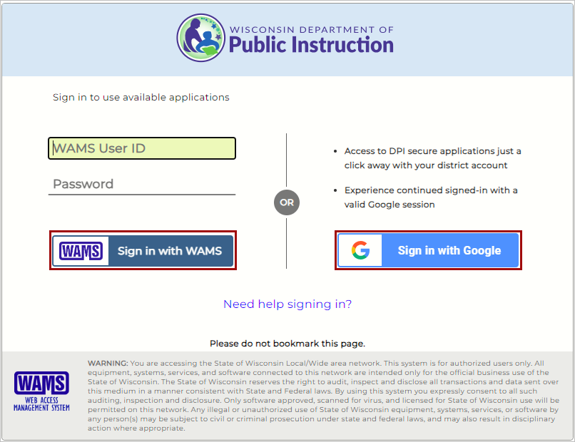 WISEhome login portal features WAMS credentials login option on the left and a Google single sign-on on the right.