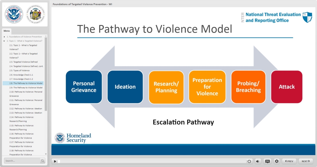 Foundations of Targeted Violence Prevention Module training screenshot showing how grievances occur and how they progress to manifest in violence