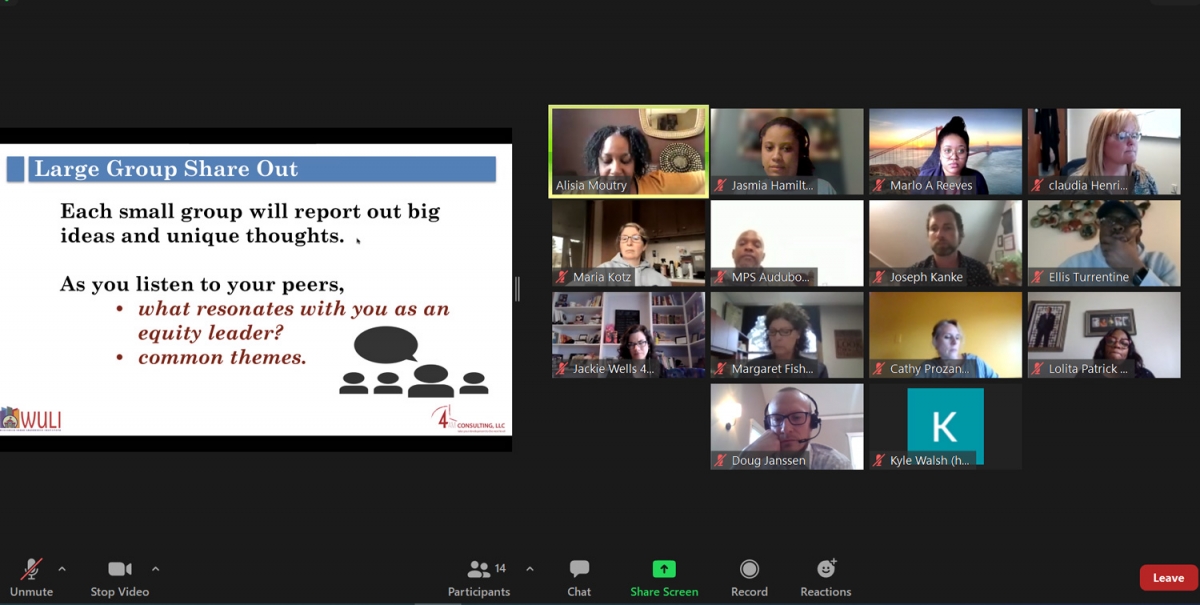 photo from a virtual meeting showing images of attendees and a presentation slide that reads: Large Group Share Out; Each small group will report out big ideas and unique thoughts. As you listen to your peers, what resonates with you as an equity leader? common themes. 