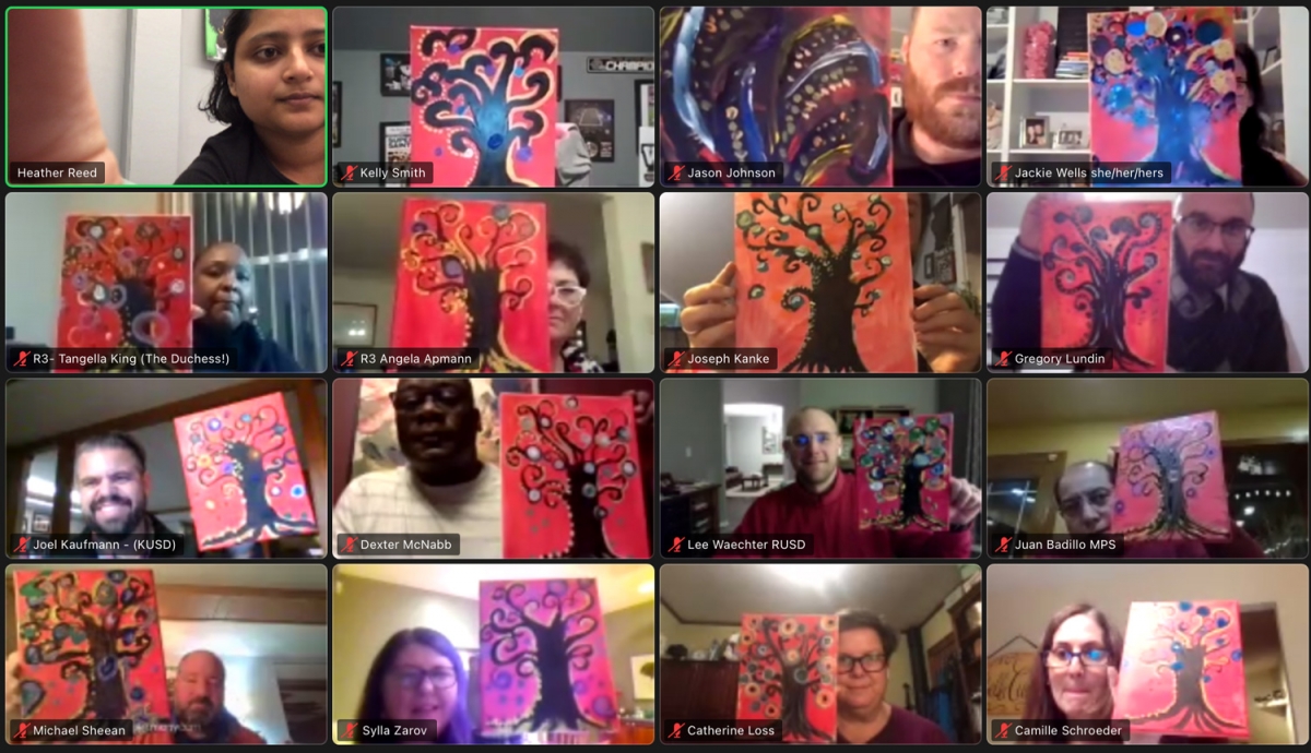 image from a virtual meeting with 16 participants holding up bright-colored paintings of trees with curling branches and red backgrounds they created as part of the Institute; participants shown are Heather Reed, Kelly Smith, Jason Johnson, Jackie Wells, Tangella King, Angela Apmann, Joseph Kanke, Gregory Lundin, Joel Kaufmann, Dexter McNabb, Lee Waechter, Juan Badillo, Michael Sheean, Sylla Zarov, Catherine Loss, Camille Schroeder; 