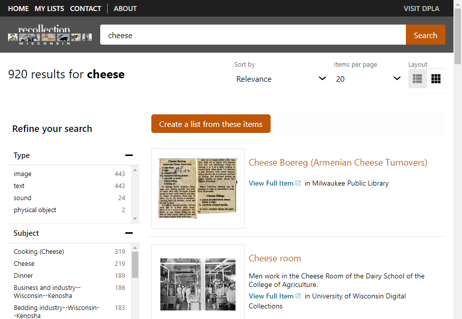 Screenshot of search results page in DPLA Local interface.