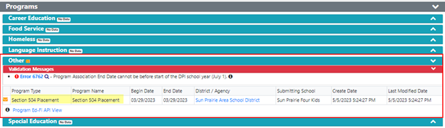 Screenshot of WISEdata Portal specific student details screen - Section 504 Program.