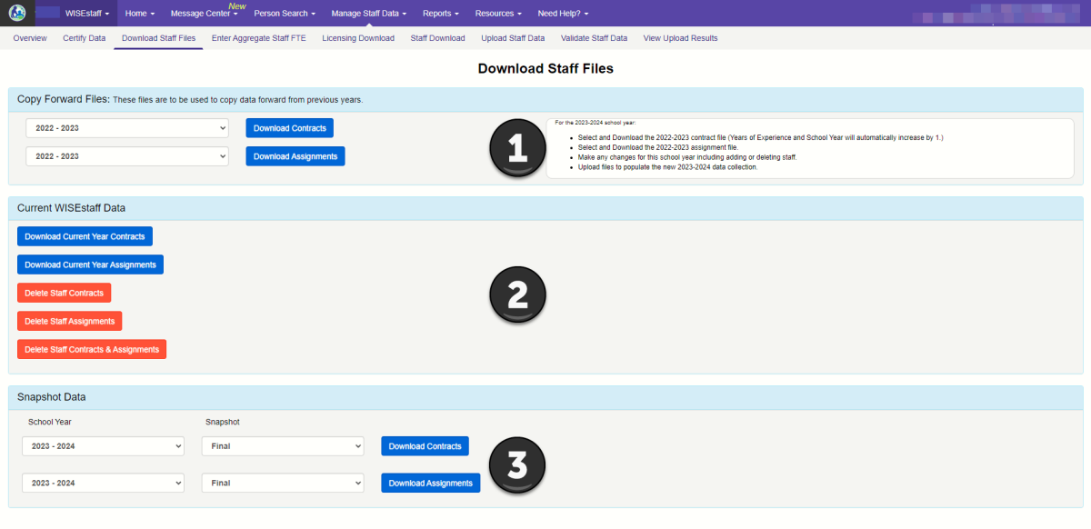 A screenshot of the Download Staff FIles screen under the WISEstaff Manage Staff Data menu. 