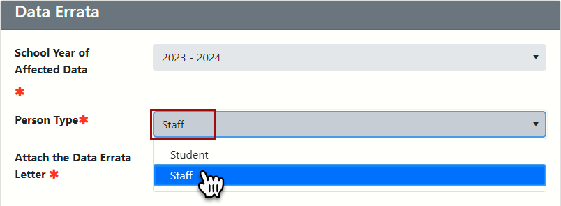 Change Person Type from Student to Staff for Submitting WISEstaff Data Errata letter. 