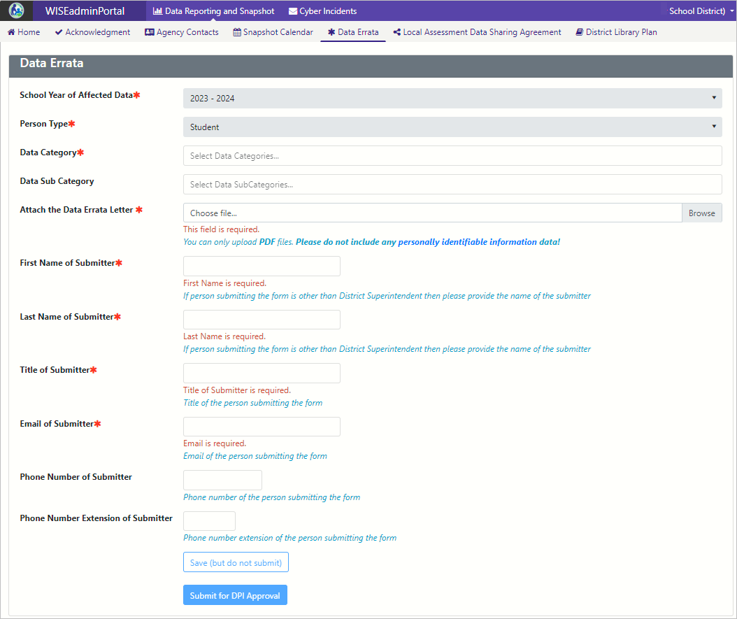 Screenshot of the WISEadmin Portal Data Errata Screen. 