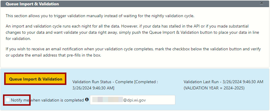 Screenshot of the WISEdata Portal Queue Import and Validation section of the Home screen. 