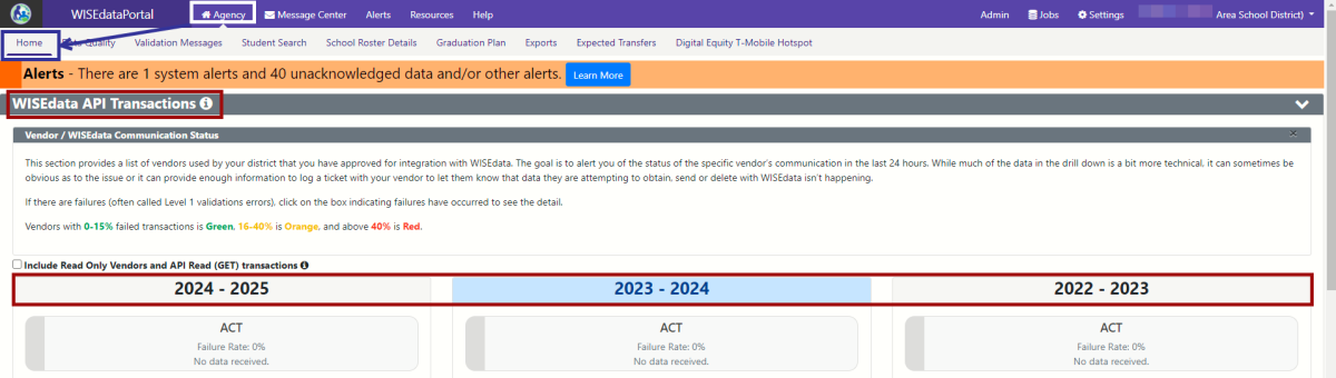 Screenshot of the WISEdata Portal Home Screen API Transactions section.