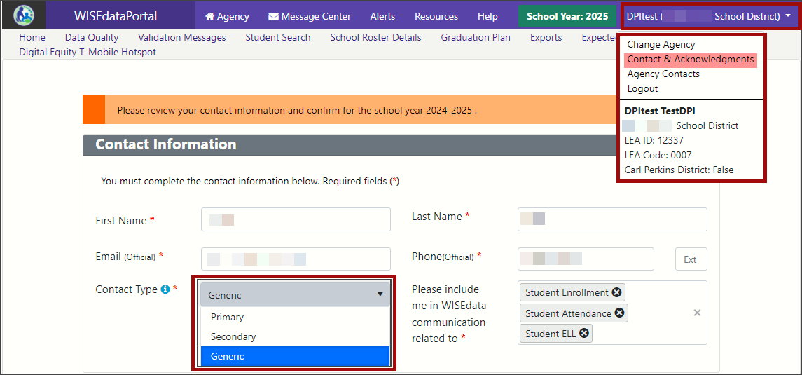 Screenshot of the Contact option Agency Contacts dropdown from the username in WISEdata Portal.