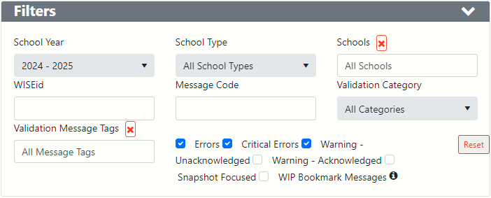 Screenshot of the Filters section of the Validation Messages screen.