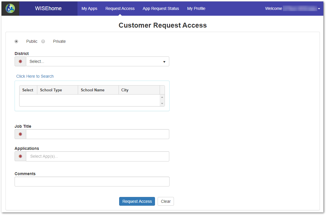 The customer request access form requires uses to input the district, job title and applications information. 