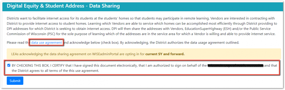 image of data use agreement in wiseadmin portal