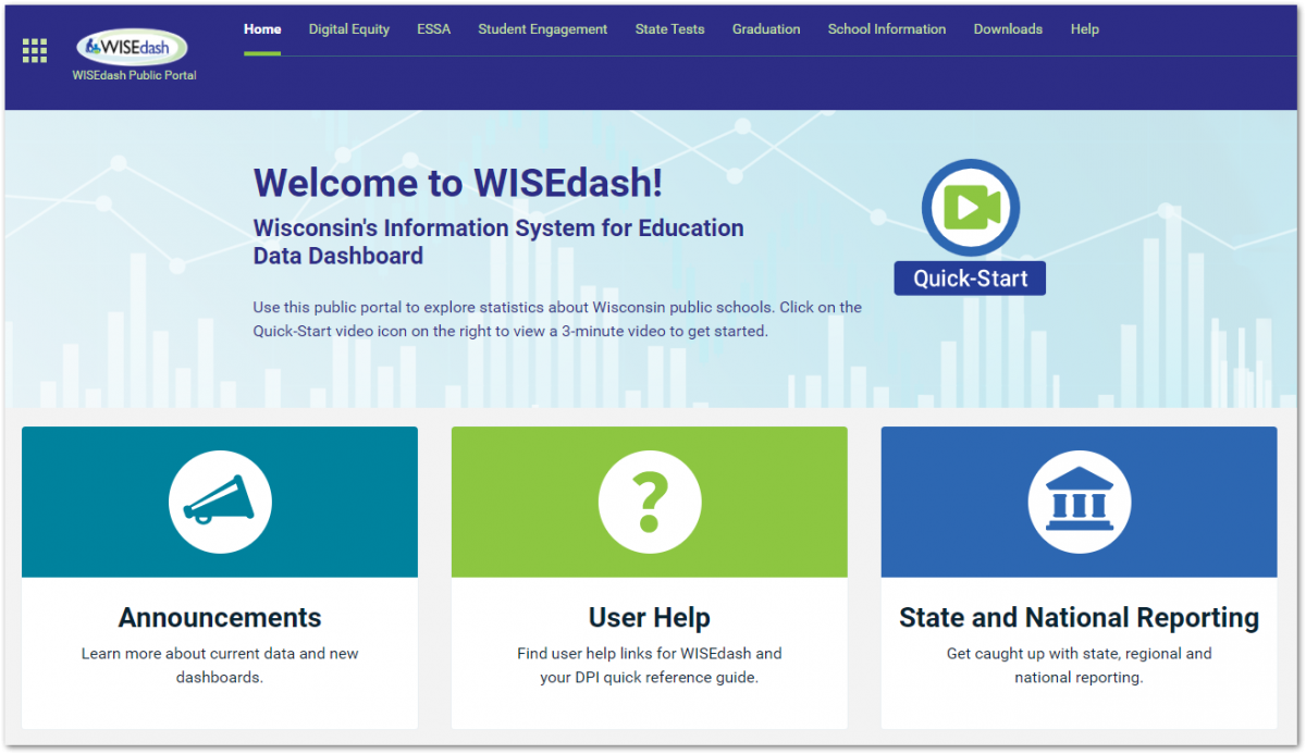 WISEdash public portal home page