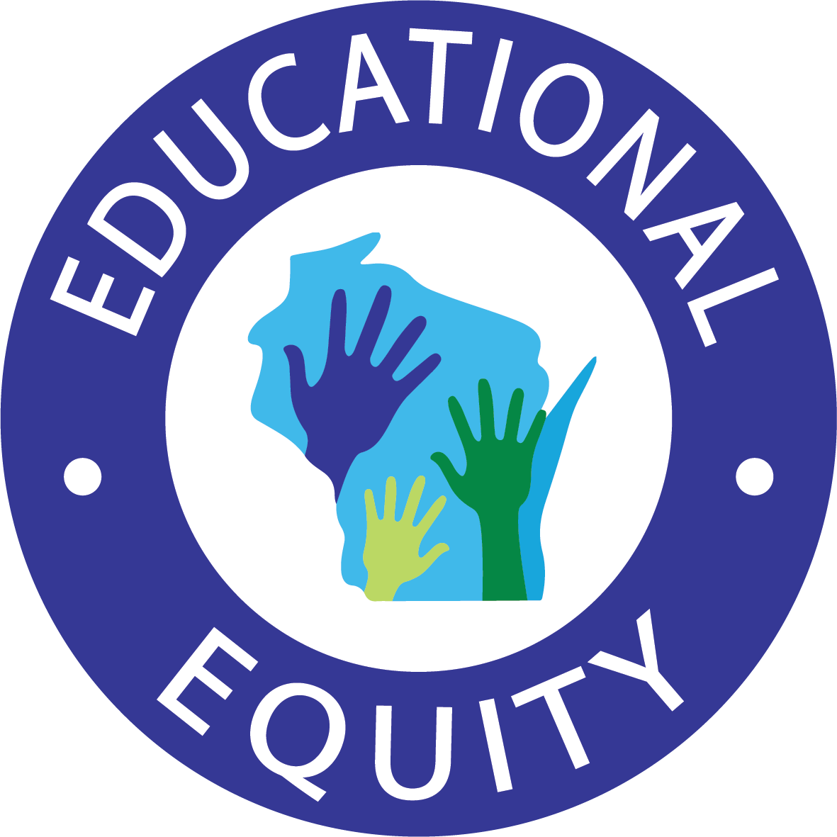 logo with the shape of wisconsin in blue in the center and a dark blue circle around, on which is written "educational equity"