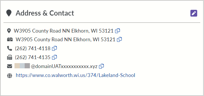 Screenshot of the county children with disability education board Address and Contact Tile on the SD management portal home screen. 