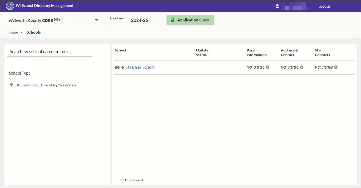 Screenshot of Schools screen for a county children with disability education board  in school directory management portal.