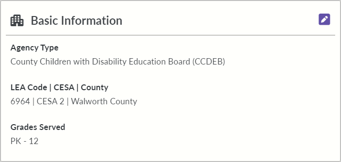 Screenshot of the county children with disabilities education board Basic information Tile on the SD management portal home screen. 