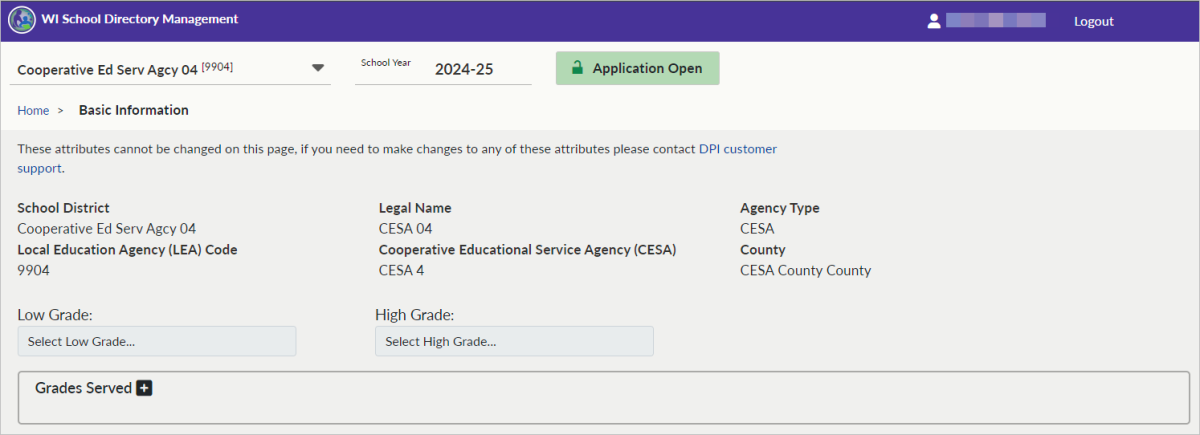 Screenshot of Basic Information screen for a CESA when logged in to the school directory management portal.