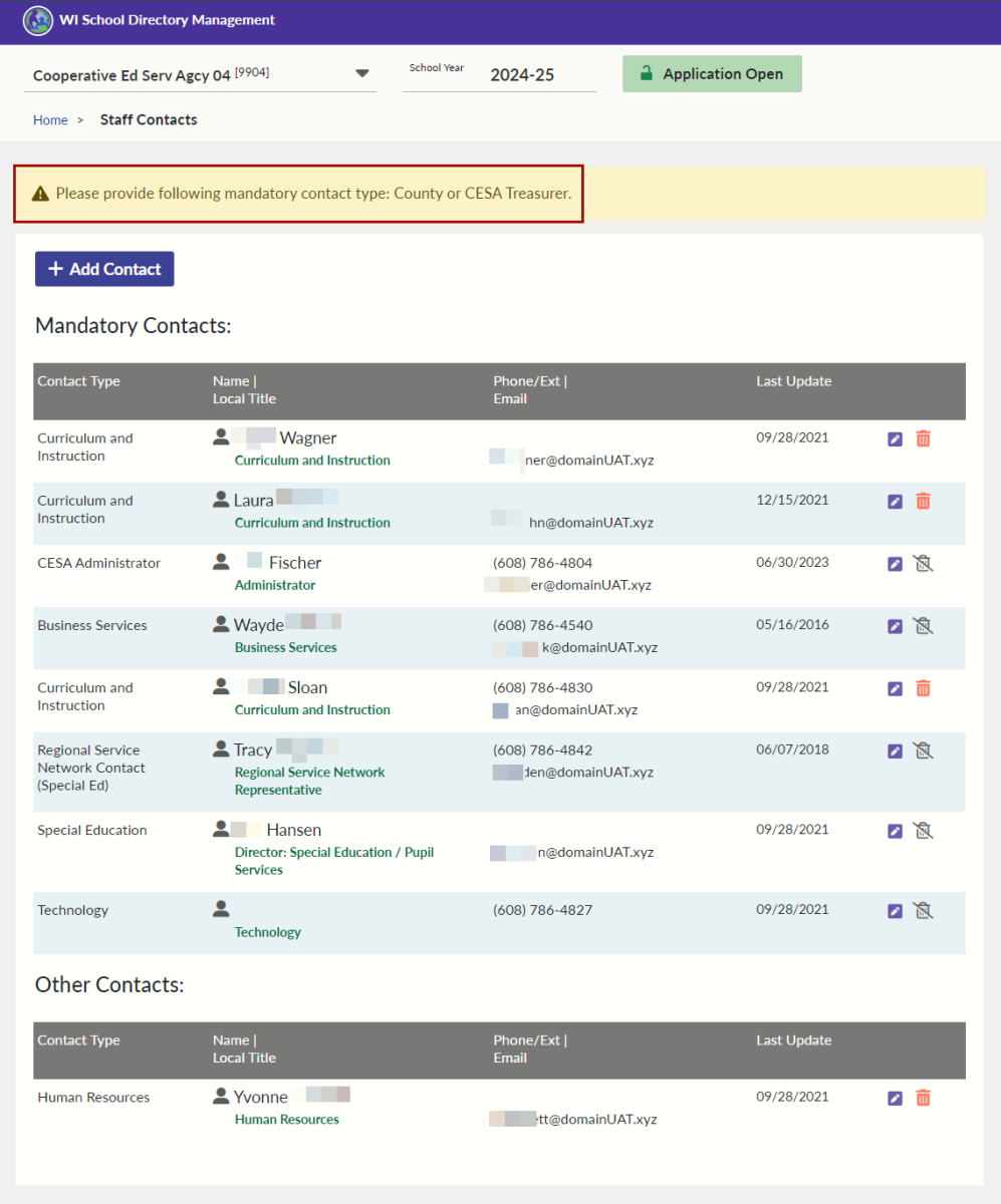 Screenshot of the Mandatory Contacts screen for a CESA in school directory management portal.