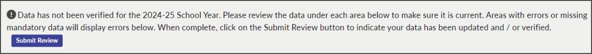 Screenshot of the message displayed on School Directory Management Portal when data review has not yet begun for the current school year. 