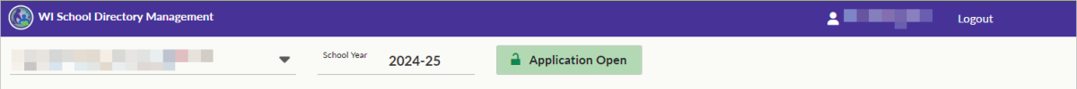 Screenshot of the SD Management Portal banner, displaying the agency, school year, 'Application Open' button, user, and 'logout' button.