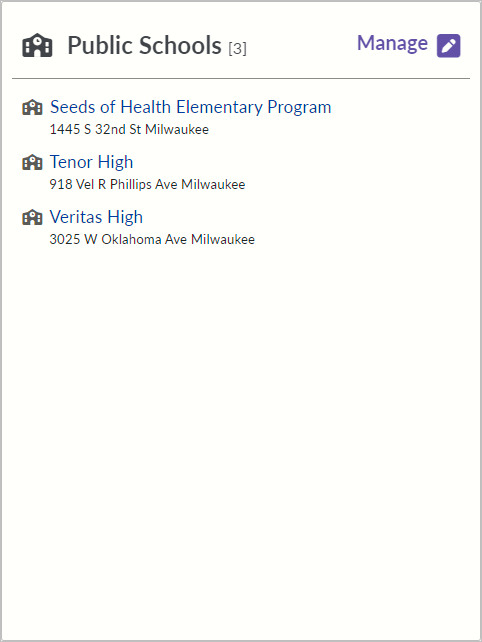 Screenshot of Public School tile on the home screen for an independent charter school in school directory management portal.