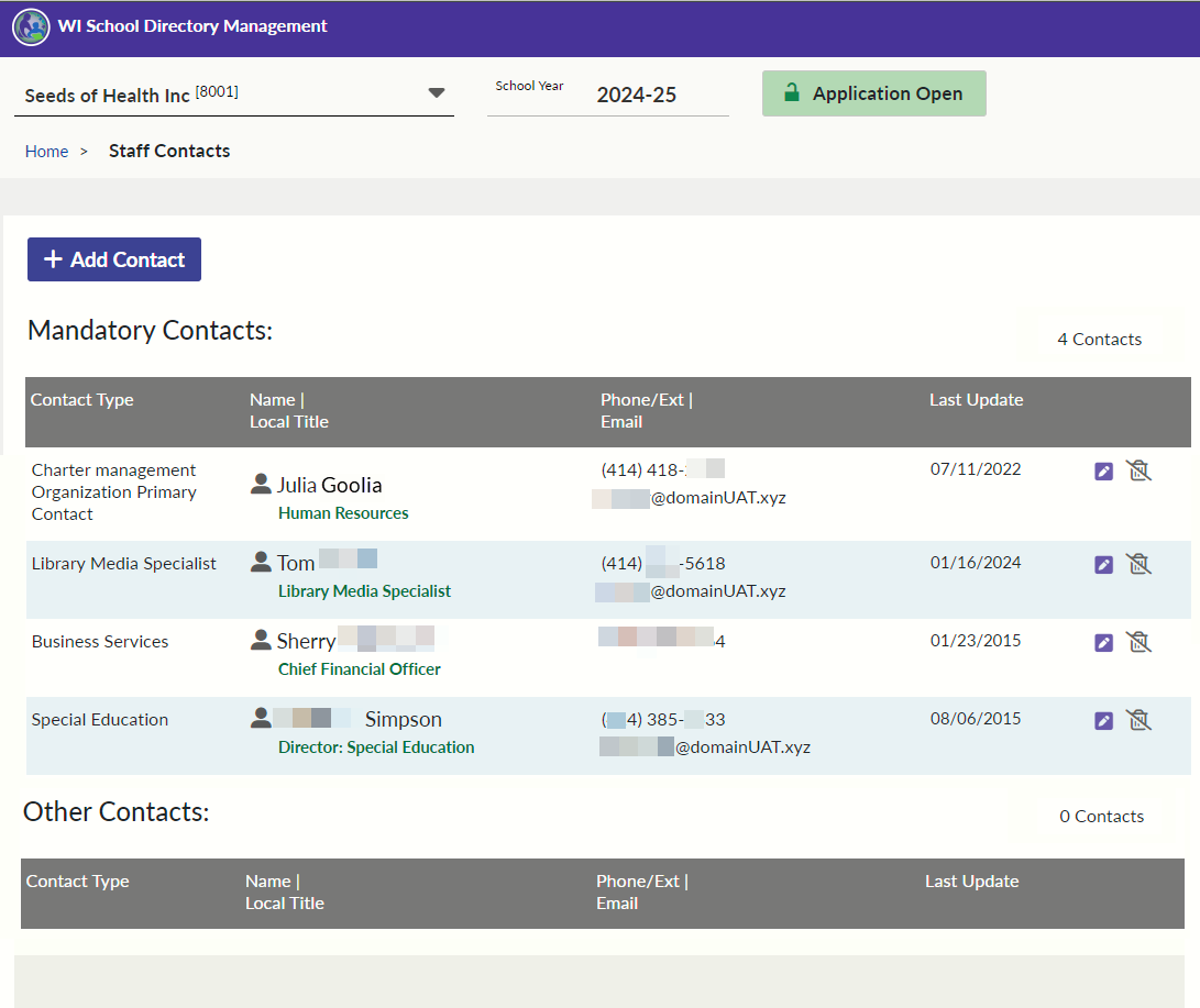 Screenshot of the Mandatory Contacts screen for an independent charter school in school directory management portal.
