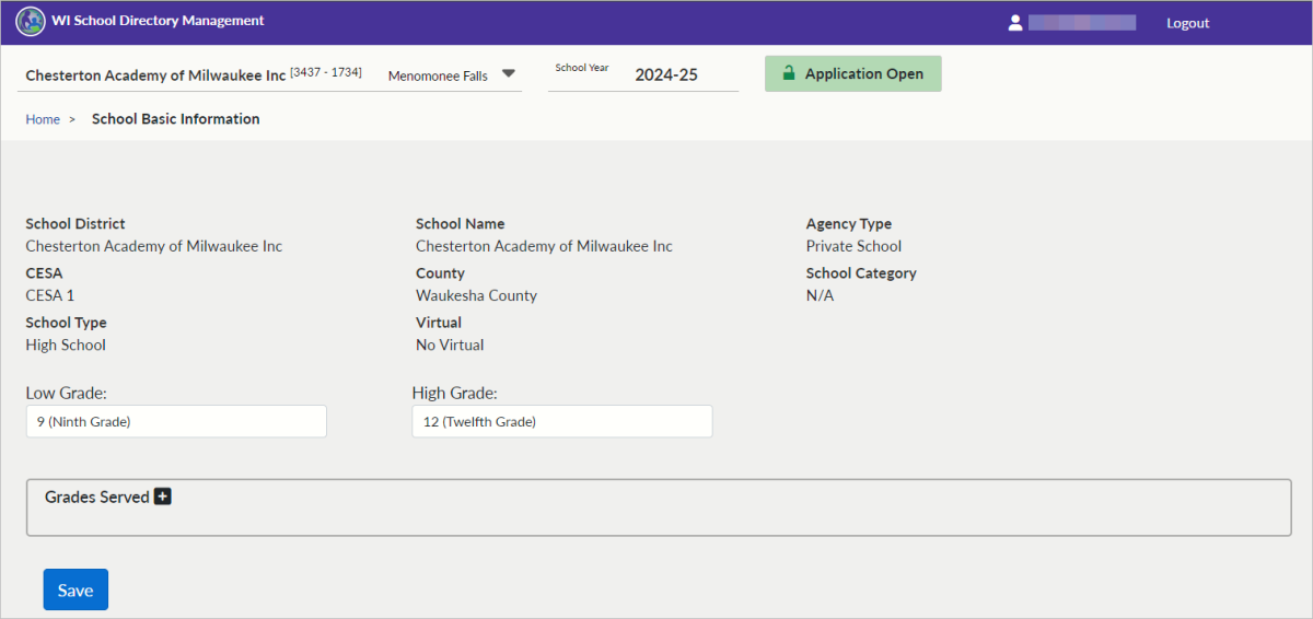 Screenshot of Basic Information screen for a private school when logged in to the school directory management portal.