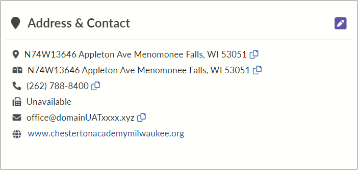 Screenshot of the private school Address and Contact Tile on the SD management portal home screen. 