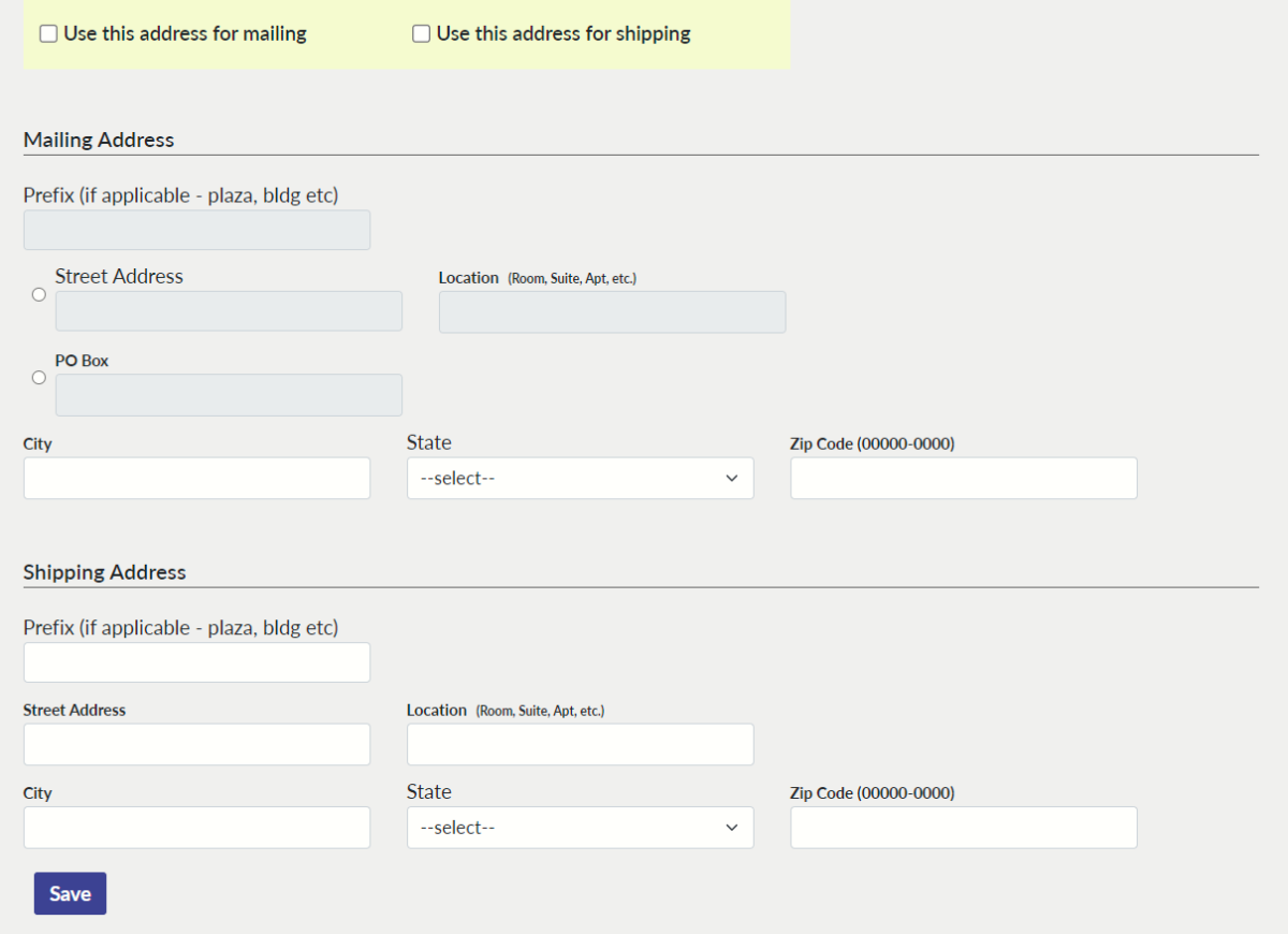 Screenshot of Mailing and Shipping Address screen for a public school district in school directory management portal.