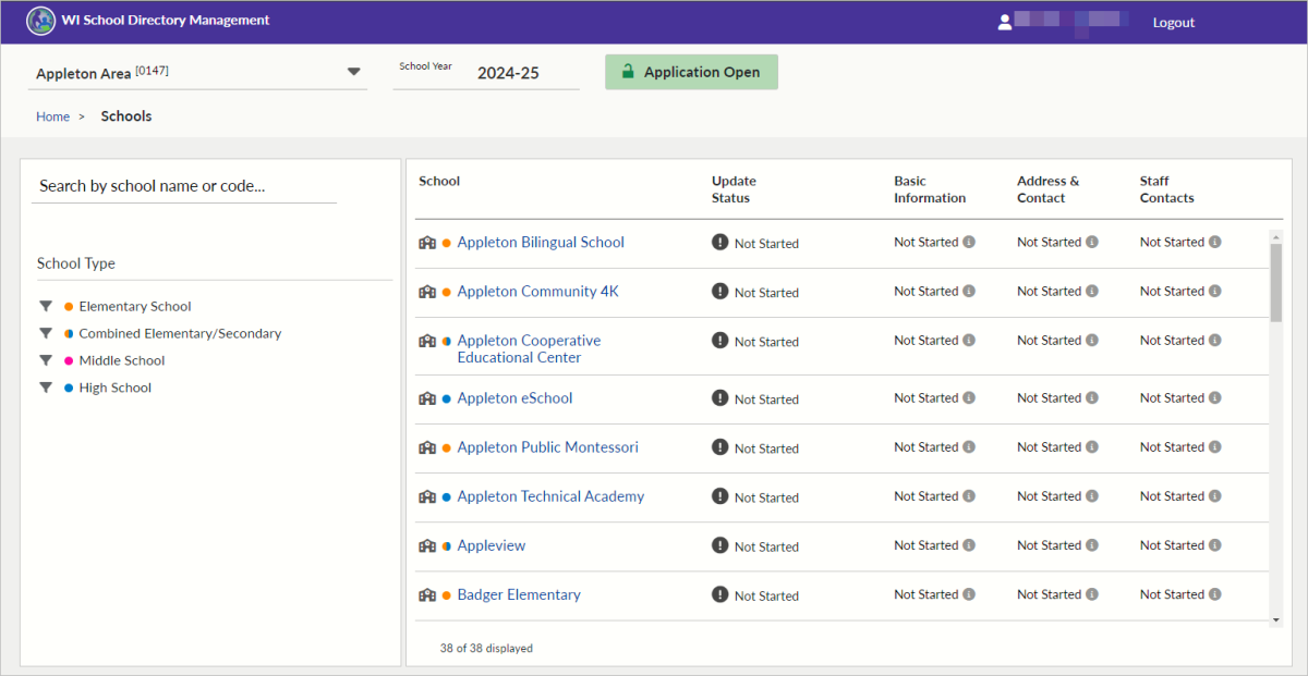 Screenshot of Home, Schools screen for a public school district in school directory management portal.