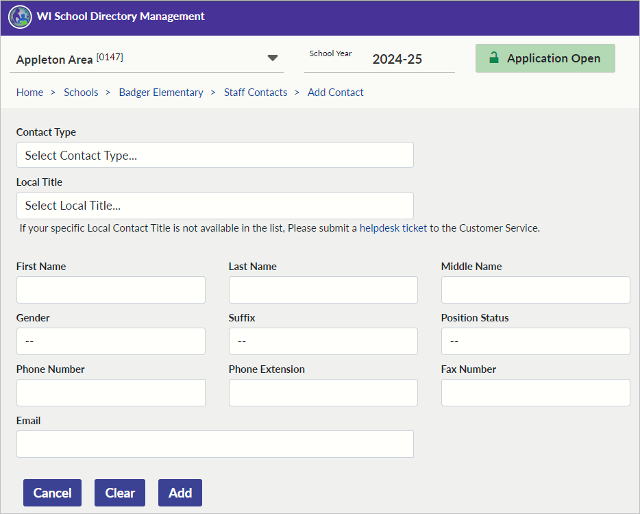 ​​Screenshot of Add Contacts screen for a specific school within a public school district in school directory management portal.