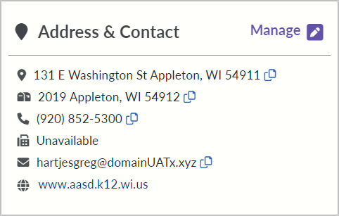 Screenshot of the Public School Districts Address and Contact Tile on the SD management portal home screen. 