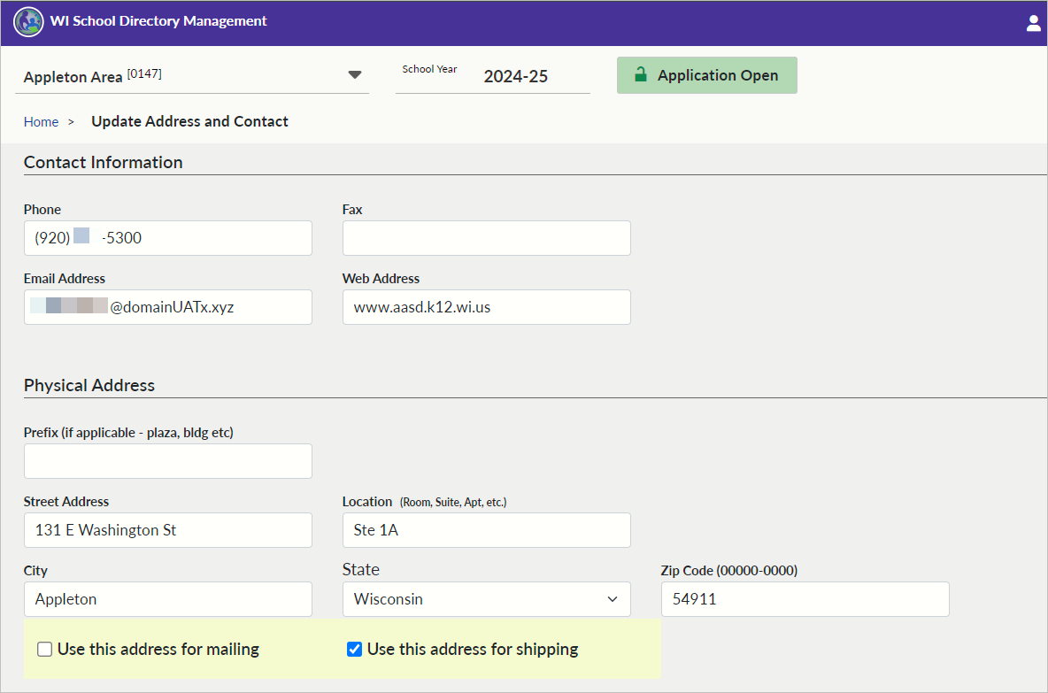 Screenshot of Update Address and Contact screen for a public school district in school directory management portal.