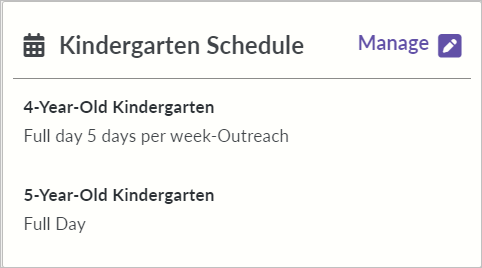 Screenshot of Kindergarten Schedule tile for a public school district in school directory management portal.