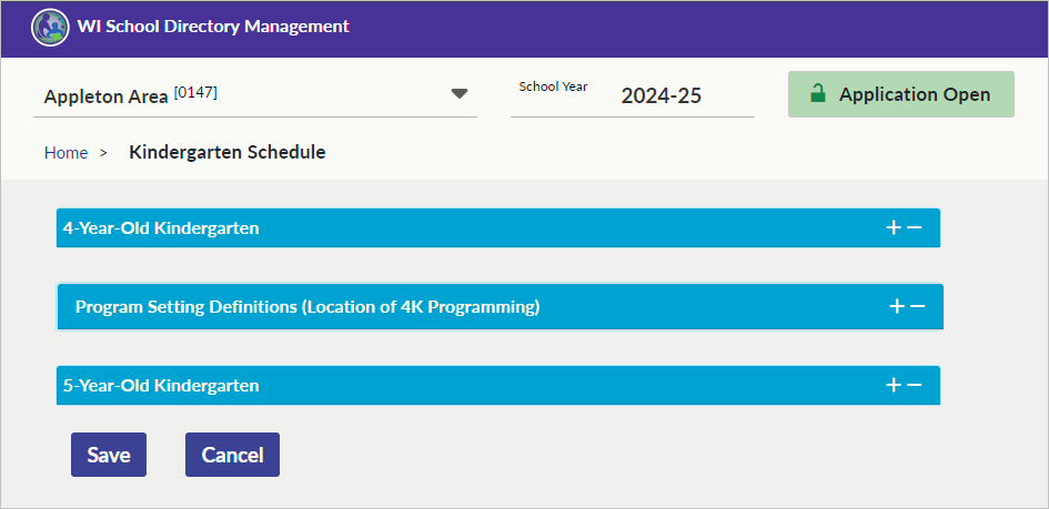 Screenshot of Kindergarten Schedule screen for a public school district in school directory management portal.