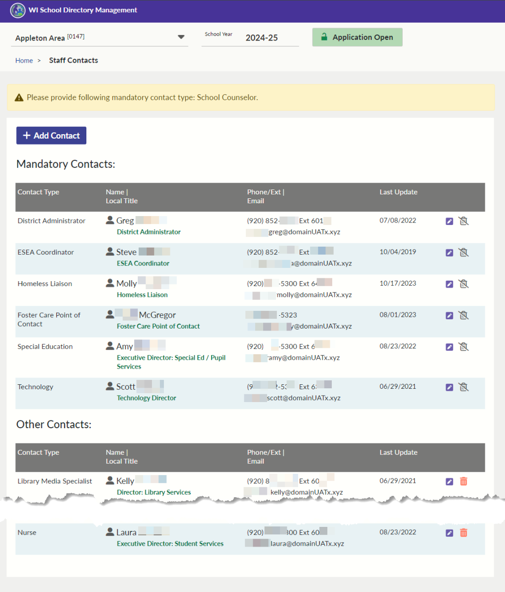 Screenshot of the Mandatory Contacts screen for a public school district in school directory management portal.