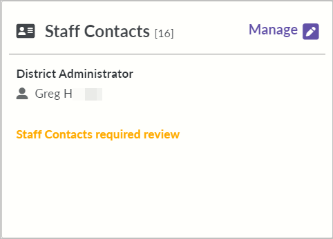Screenshot of Staff Contacts tiles on the home screen for a public school district in school directory management portal.