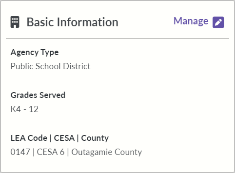 Screenshot of the Public School Districts Basic information Tile on the SD management portal home screen. 