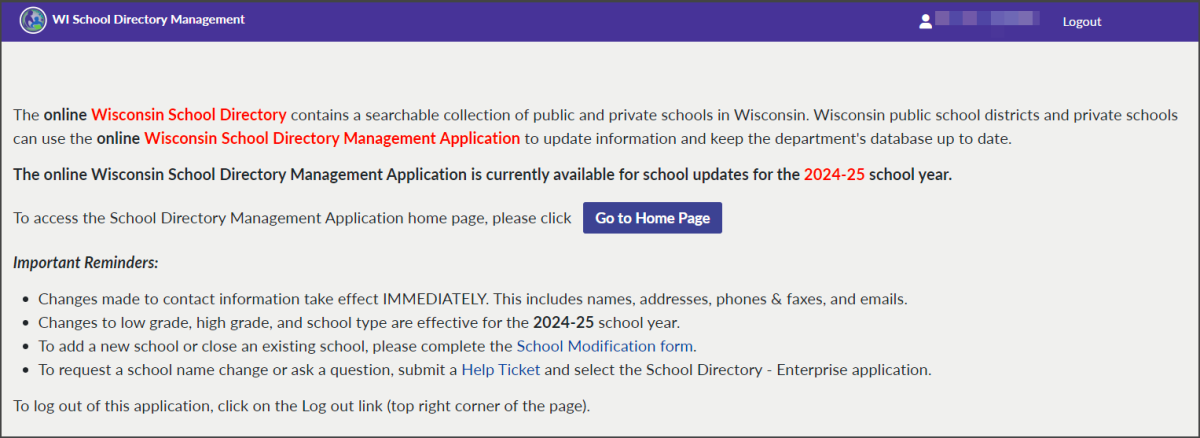 Screenshot of the School Directory Management Portal opening screen. 