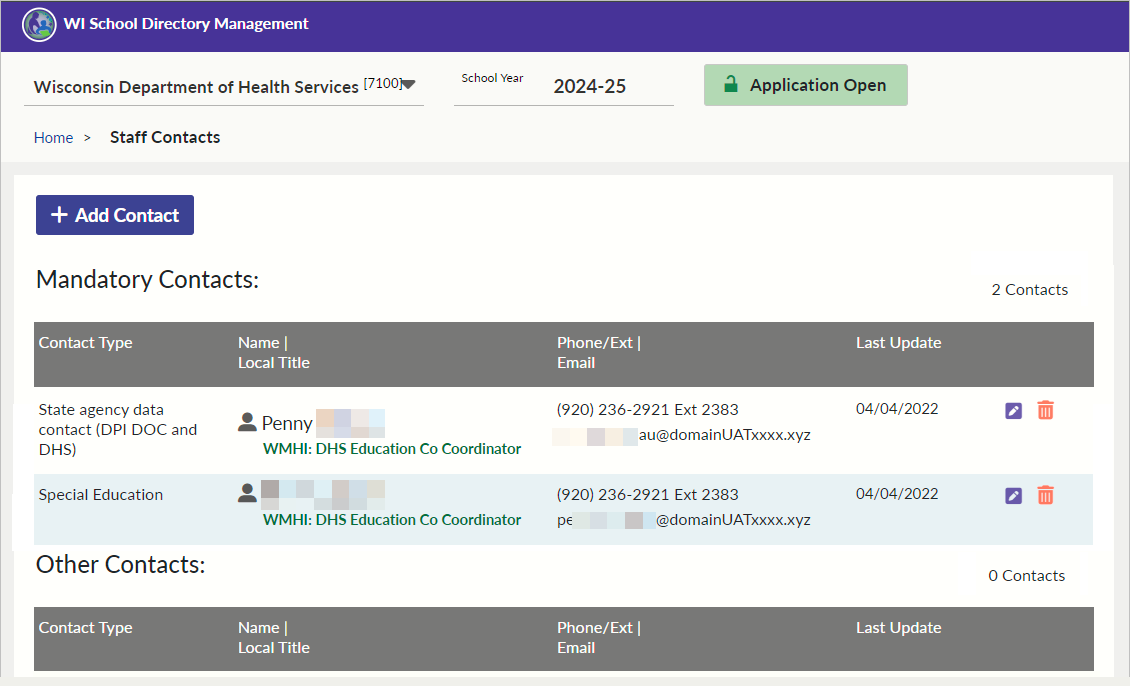 Screenshot of the Mandatory Contacts screen for a state agency in school directory management portal.
