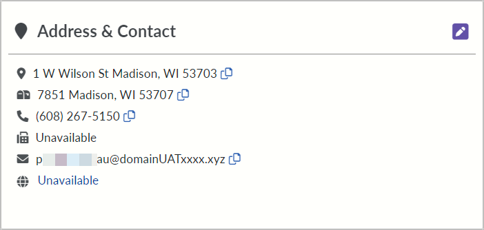 Screenshot of the state agency Address and Contact Tile on the SD management portal home screen. 