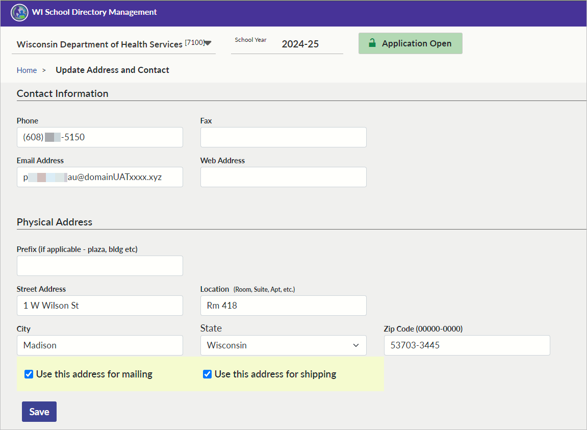 Screenshot of Update Address and Contact screen for a state agency in school directory management portal.