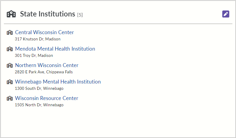 Screenshot of State Institutions tile for a county children with disability education board  in school directory management portal.