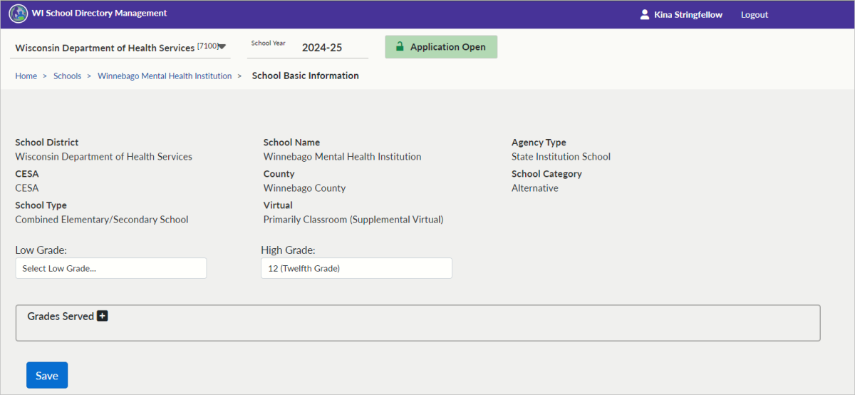 Screenshot of School Basic Information screen for a selected school within a state agency  in school directory management portal.