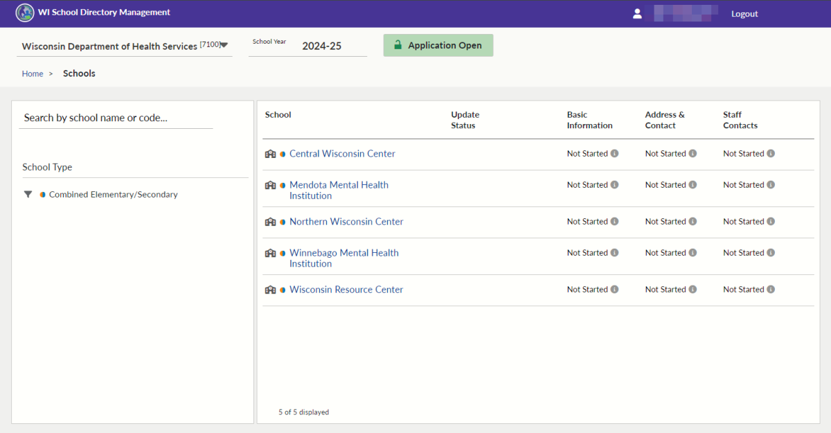 Screenshot of Schools screen for a state agency  in school directory management portal.