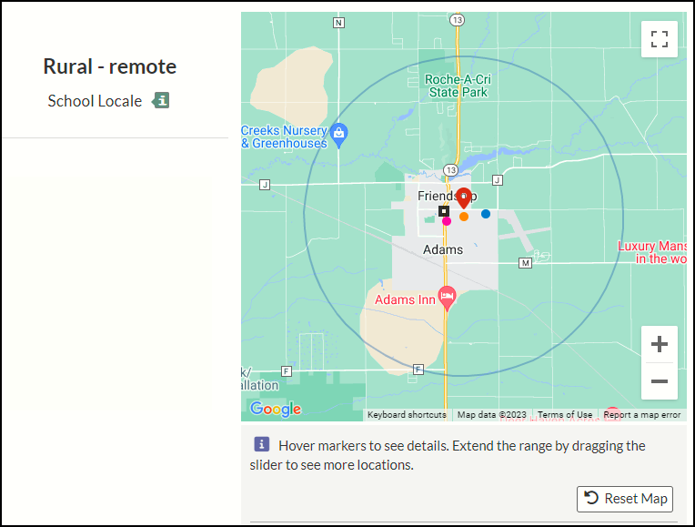 An example of a rural remote locale (Adams-Friendship) being displayed on the School Directory Public Portal map.