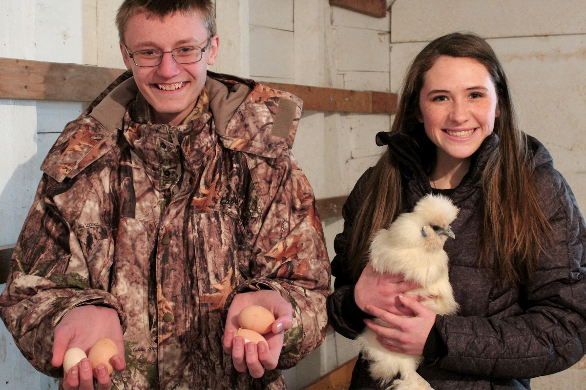 Photo of Medford students inspecting chicken eggs