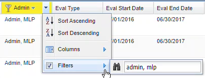 screenshot of detail filter for specific admin