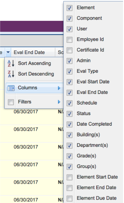screenshot of detail view columns filter options