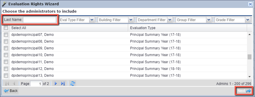 screenshot of administrator choice window for evaluation rights